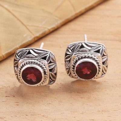 Primary image for Garnet and Sterling Silver Button Earrings Bamboo Leaf Motif Leaves of Bamboo in Red