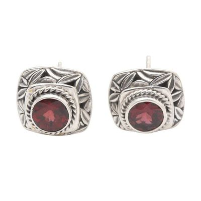 Alternate image for Garnet and Sterling Silver Button Earrings Bamboo Leaf Motif Leaves of Bamboo in Red