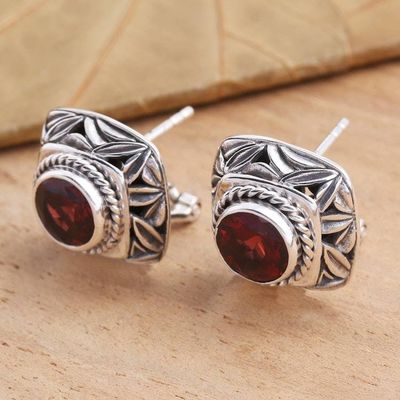 Alternate image for Garnet and Sterling Silver Button Earrings Bamboo Leaf Motif Leaves of Bamboo in Red
