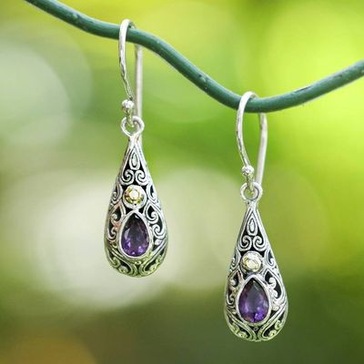 Alternate image for Gold-Accented Silver Dangle Earrings with Pear Amethyst Gems Vibrant Dew