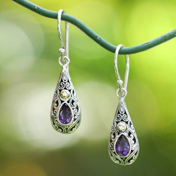 Alternate image for Gold-Accented Silver Dangle Earrings with Pear Amethyst Gems Vibrant Dew