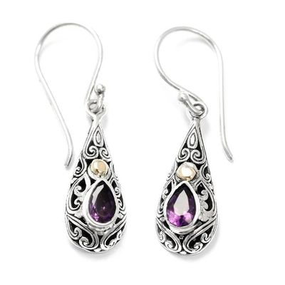 Alternate image for Gold-Accented Silver Dangle Earrings with Pear Amethyst Gems Vibrant Dew