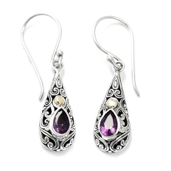Alternate image for Gold-Accented Silver Dangle Earrings with Pear Amethyst Gems Vibrant Dew