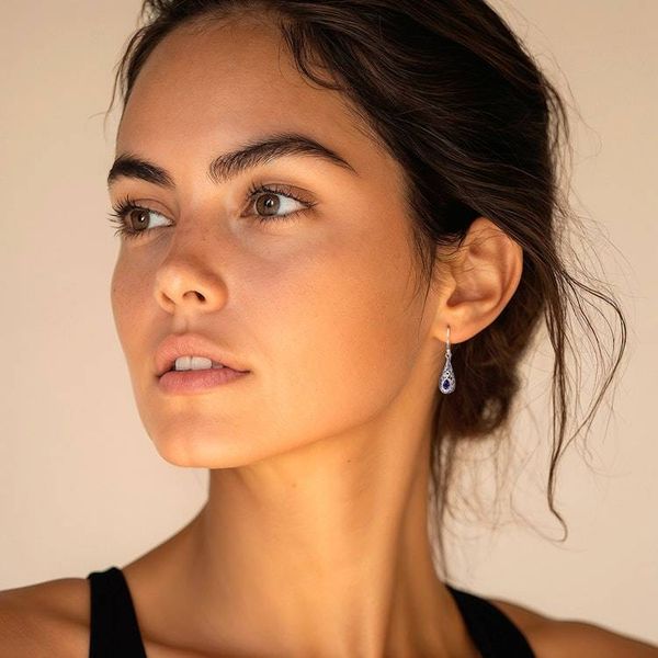 Alternate image for Gold-Accented Silver Dangle Earrings with Pear Amethyst Gems Vibrant Dew