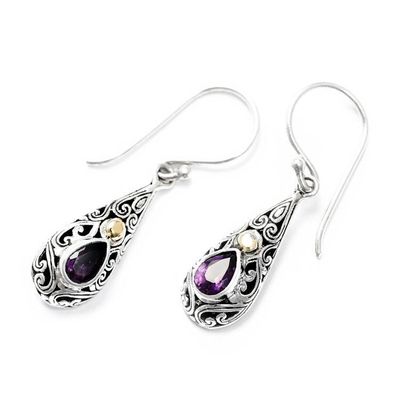 Alternate image for Gold-Accented Silver Dangle Earrings with Pear Amethyst Gems Vibrant Dew