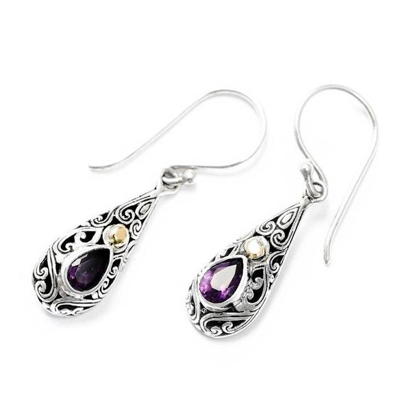 Alternate image for Gold-Accented Silver Dangle Earrings with Pear Amethyst Gems Vibrant Dew
