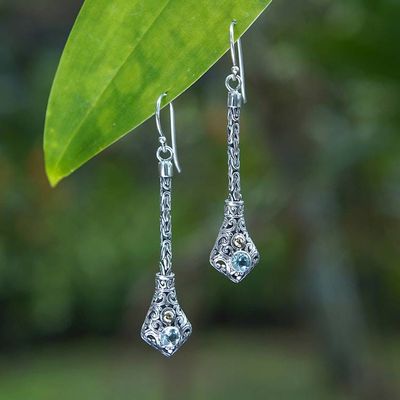 Alternate image for Folk Art-Themed Dangle Earrings with Faceted Blue Topaz Gems Balinese Serenity