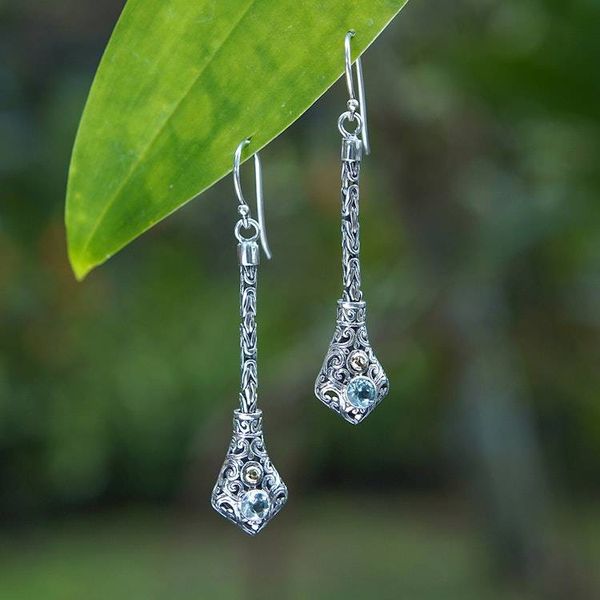 Alternate image for Folk Art-Themed Dangle Earrings with Faceted Blue Topaz Gems Balinese Serenity
