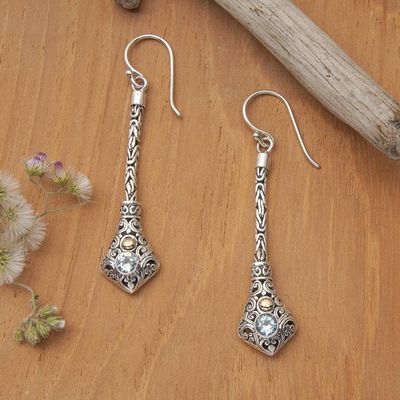 Alternate image for Folk Art-Themed Dangle Earrings with Faceted Blue Topaz Gems Balinese Serenity