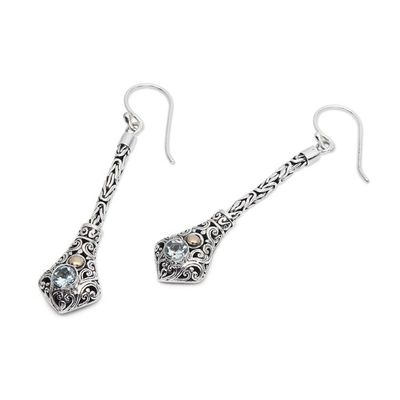 Alternate image for Folk Art-Themed Dangle Earrings with Faceted Blue Topaz Gems Balinese Serenity