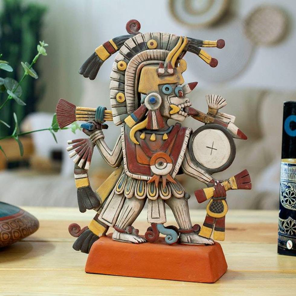 Signed Artisan Crafted Aztec Ceramic Sculpture from Mexico 'Aztec God of Dawn'