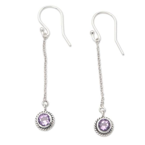 Alternate image for Sterling Silver Dangle Earrings with Round Amethyst Jewels Wise Girl