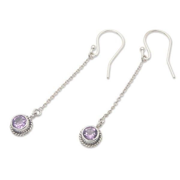 Alternate image for Sterling Silver Dangle Earrings with Round Amethyst Jewels Wise Girl