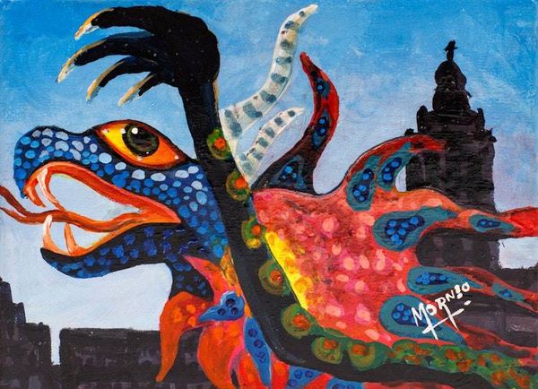 Alternate image for Surrealist Mexican Alebrije Style Acrylic Dragon Painting Blue Alebrije