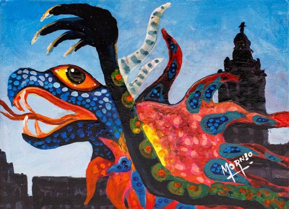 Surrealist Mexican Alebrije Style Acrylic Dragon Painting 'Blue Alebrije'
