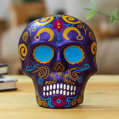 Alternate image for Purple Floral Painted Day of the Dead Ceramic Skull Wall Art Face of the Mythic Underworld