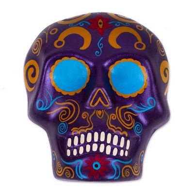 Alternate image for Purple Floral Painted Day of the Dead Ceramic Skull Wall Art Face of the Mythic Underworld