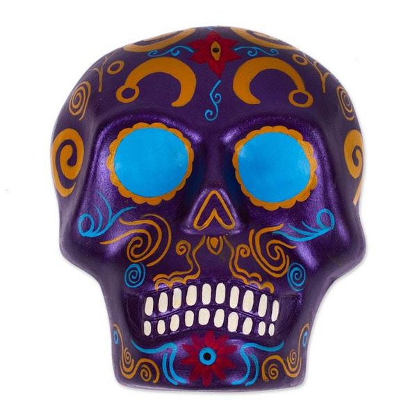 Alternate image for Purple Floral Painted Day of the Dead Ceramic Skull Wall Art Face of the Mythic Underworld