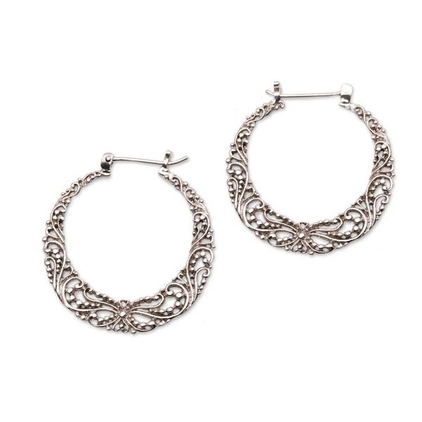 Alternate image for 925 Sterling Silver Hoop Earrings with Wire and Dot Motifs Balinese River