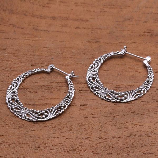 Alternate image for 925 Sterling Silver Hoop Earrings with Wire and Dot Motifs Balinese River