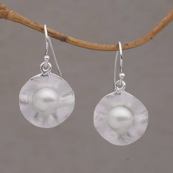 Alternate image for Cultured Pearl and Brushed Sterling Silver Earrings Lily Pad Glow