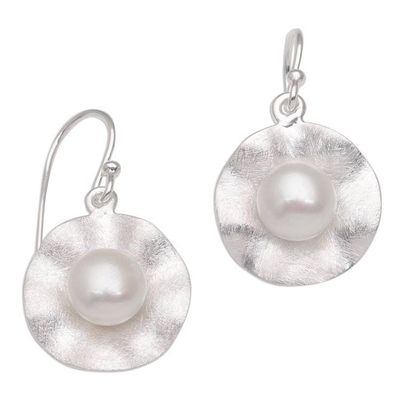 Alternate image for Cultured Pearl and Brushed Sterling Silver Earrings Lily Pad Glow