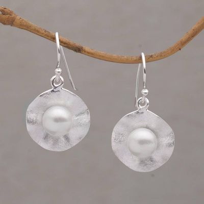 Alternate image for Cultured Pearl and Brushed Sterling Silver Earrings Lily Pad Glow