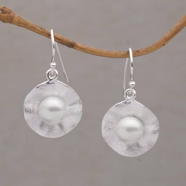 Alternate image for Cultured Pearl and Brushed Sterling Silver Earrings Lily Pad Glow