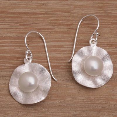 Alternate image for Cultured Pearl and Brushed Sterling Silver Earrings Lily Pad Glow