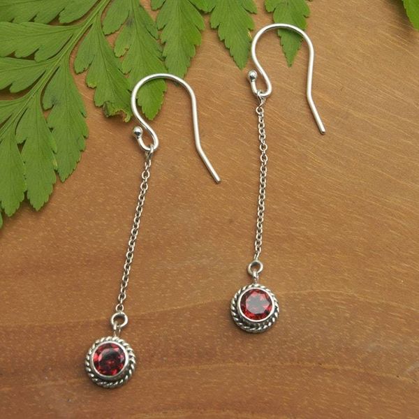 Alternate image for Sterling Silver Dangle Earrings with Round Garnet Gemstones Perseverant Girl