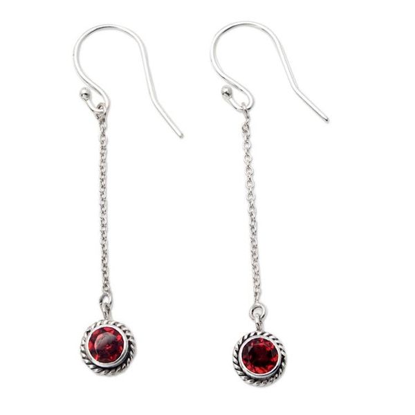 Alternate image for Sterling Silver Dangle Earrings with Round Garnet Gemstones Perseverant Girl