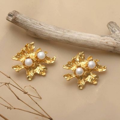 Primary image for Leafy 18k Gold-Plated White Cultured Pearl Button Earrings Marine Foliage
