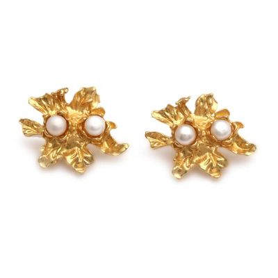 Alternate image for Leafy 18k Gold-Plated White Cultured Pearl Button Earrings Marine Foliage