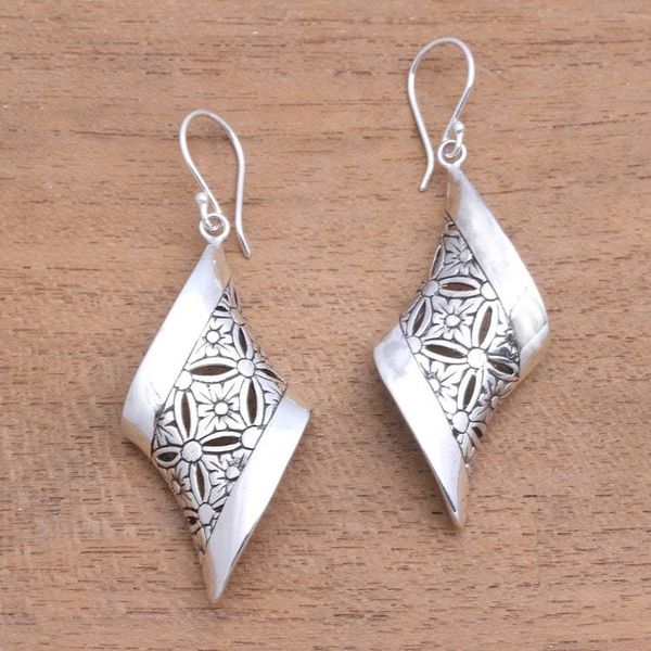 Alternate image for Curved Floral Sterling Silver Dangle Earrings from Bali Curved Bliss