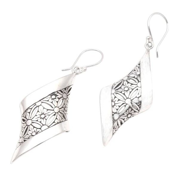 Alternate image for Curved Floral Sterling Silver Dangle Earrings from Bali Curved Bliss