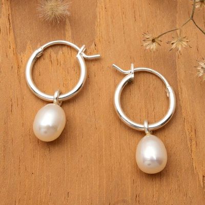 Alternate image for Polished Silver Cultured Pearl Hoop Earrings from Bali Enchanting Luminosity