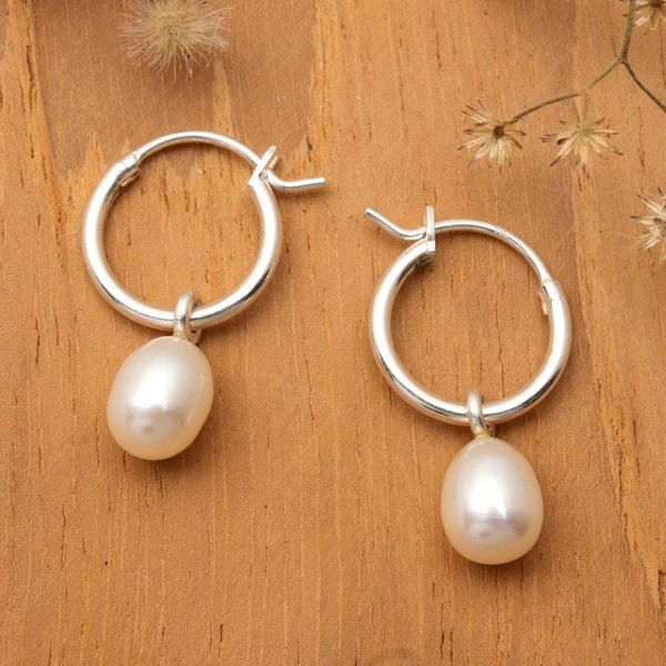 Alternate image for Polished Silver Cultured Pearl Hoop Earrings from Bali Enchanting Luminosity