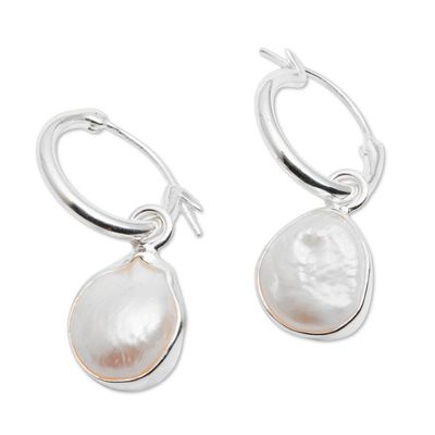 Alternate image for Polished Sterling Silver Hoop Earrings with Cultured Pearls Lunar Beauty