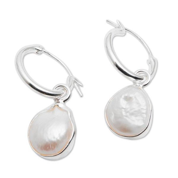 Alternate image for Polished Sterling Silver Hoop Earrings with Cultured Pearls Lunar Beauty