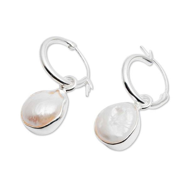 Alternate image for Polished Sterling Silver Hoop Earrings with Cultured Pearls Lunar Beauty