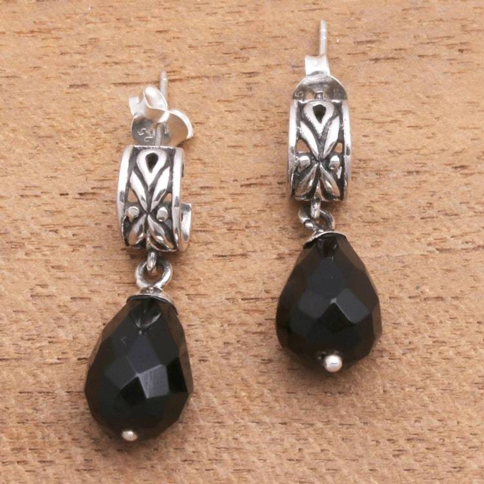 Modern Balinese Dangle Earrings with Faceted Black Onyx 'Balinese Night'