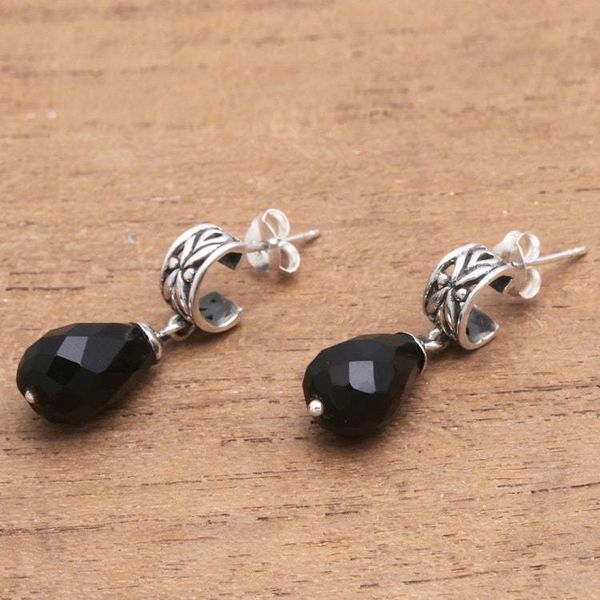 Alternate image for Modern Balinese Dangle Earrings with Faceted Black Onyx Balinese Night