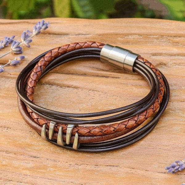 Alternate image for Handmade Braided Leather Pendant Bracelet Fanged in Brown