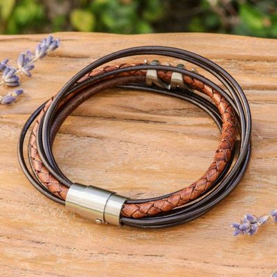 Alternate image for Handmade Braided Leather Pendant Bracelet Fanged in Brown