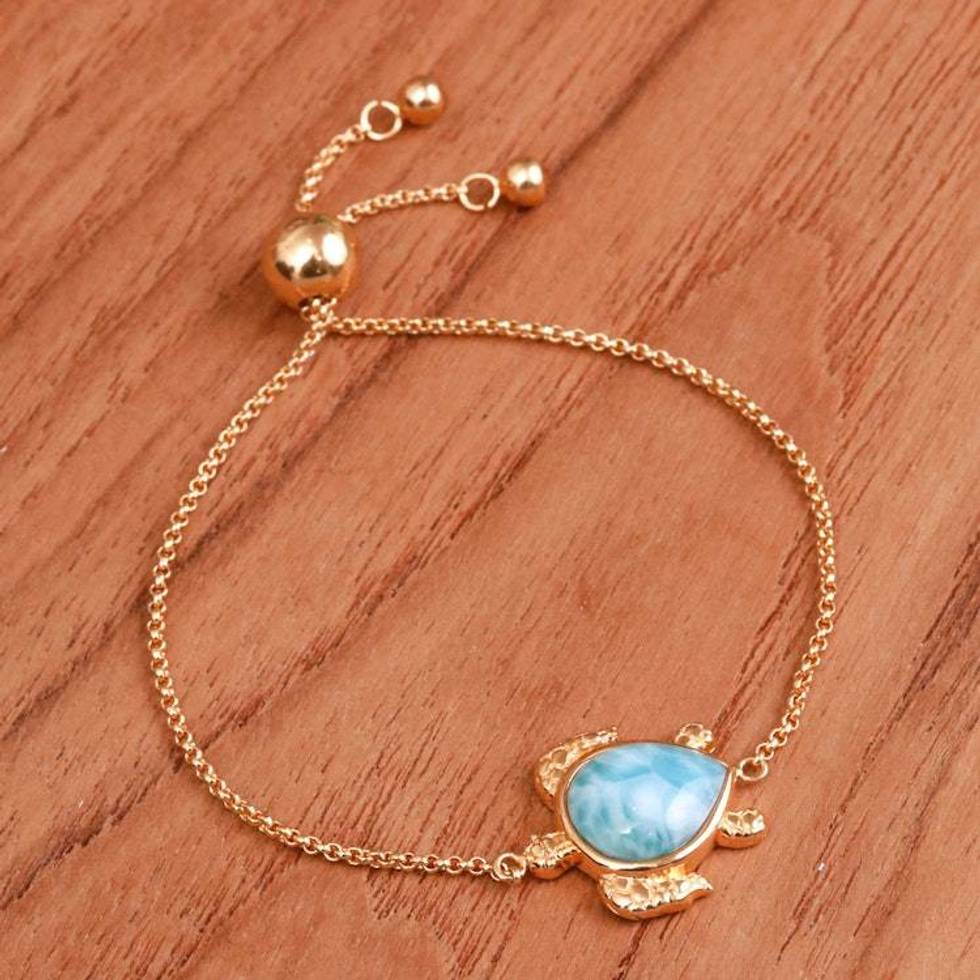 24k Gold-Plated Larimar Sea Turtle-Themed Pendant Bracelet 'Ocean Bound Glow'
