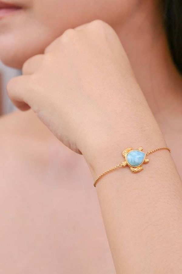 Alternate image for 24k Gold-Plated Larimar Sea Turtle-Themed Pendant Bracelet Ocean Bound Glow