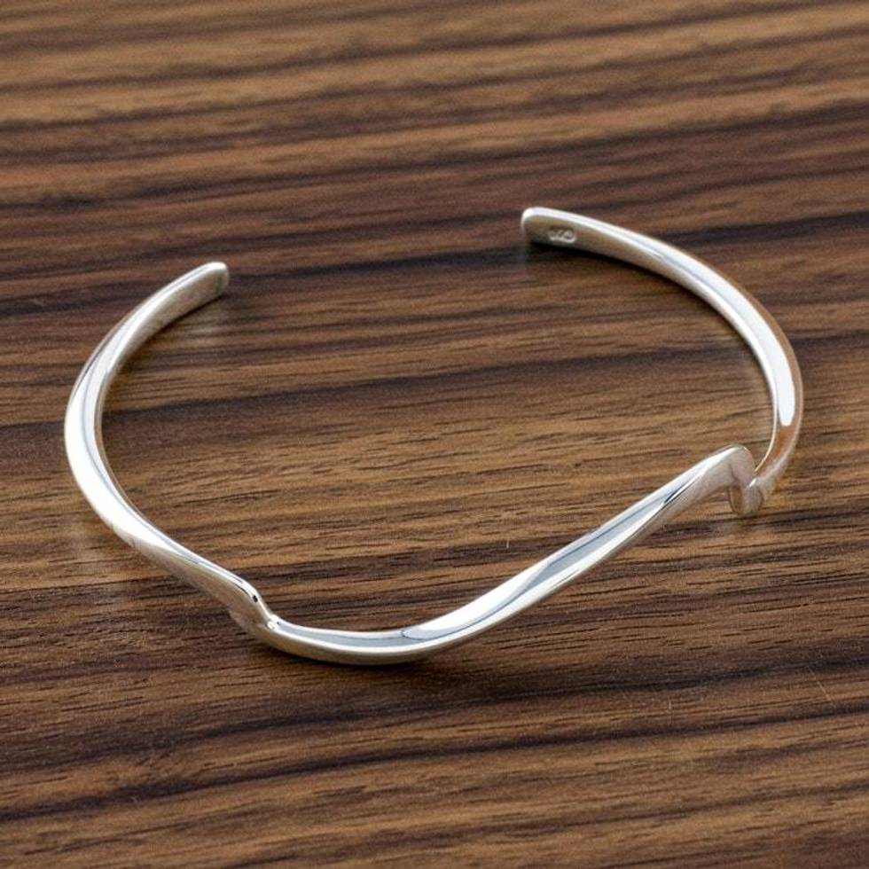Wave Motif Sterling Silver Cuff Bracelet from Thailand 'Wandering Wave'