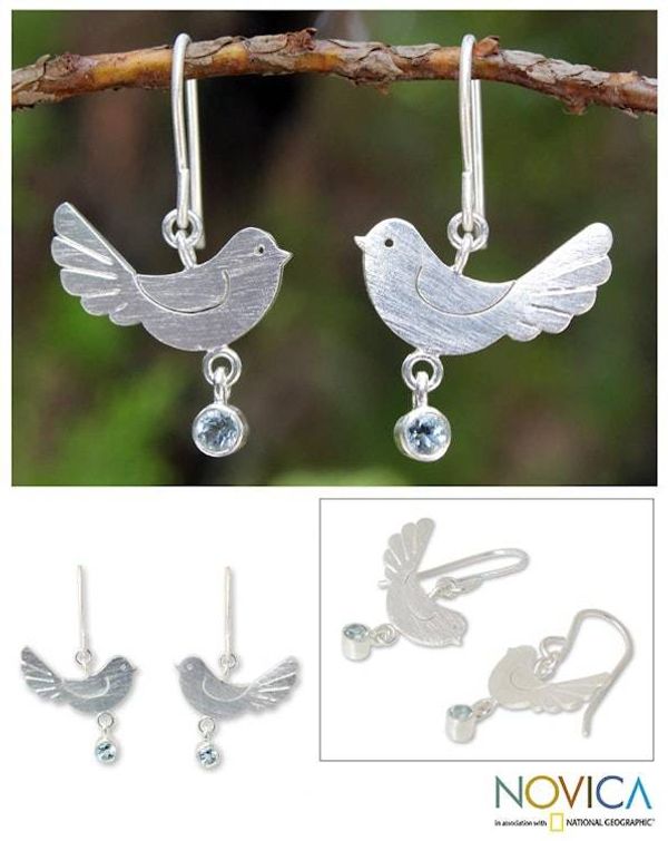Alternate image for Sterling Silver and Blue Topaz Dangle Earrings Doves of Peace