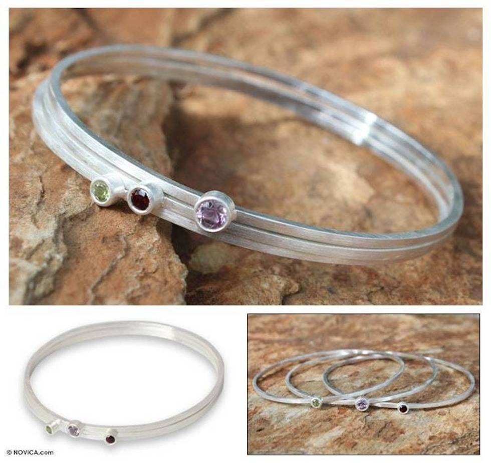 Amethyst and garnet bangle bracelets Set of 3 'Spring Color'