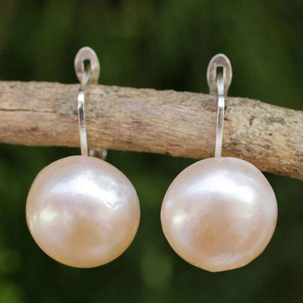 Alternate image for Peach-Hued Cultured Pearl and 925 Silver Drop Earrings Rosy Moon